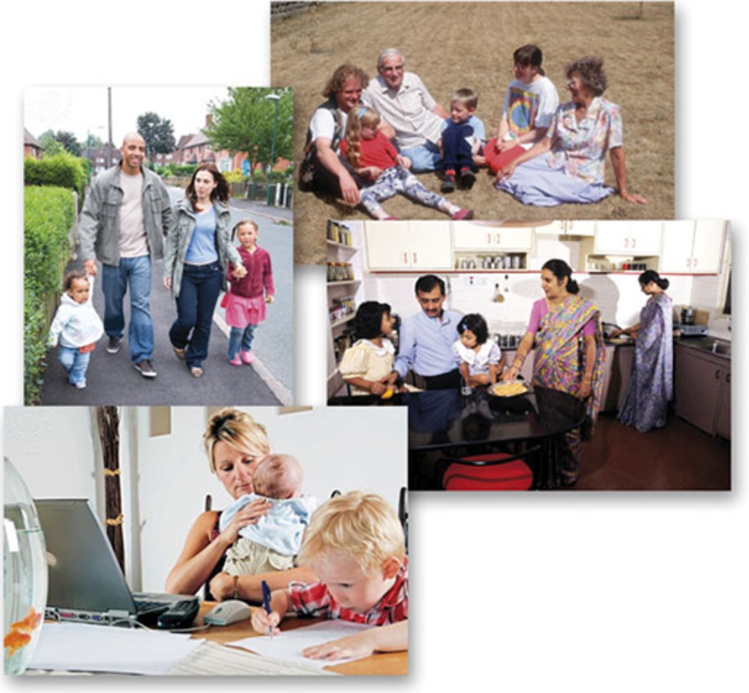 Different family groupings. 1: mother, father, two young children. 2: three female adults, one male adult, two children, a dog. 3: an older woman, male and female adult, two children. 4: woman holding a baby in her arms sat next to a young boy.